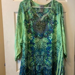 CATHERINES Blue Green FLORAL TUNIC TOP Shirt BLOUSE ~ Size 5X / 34 - 36 Wide